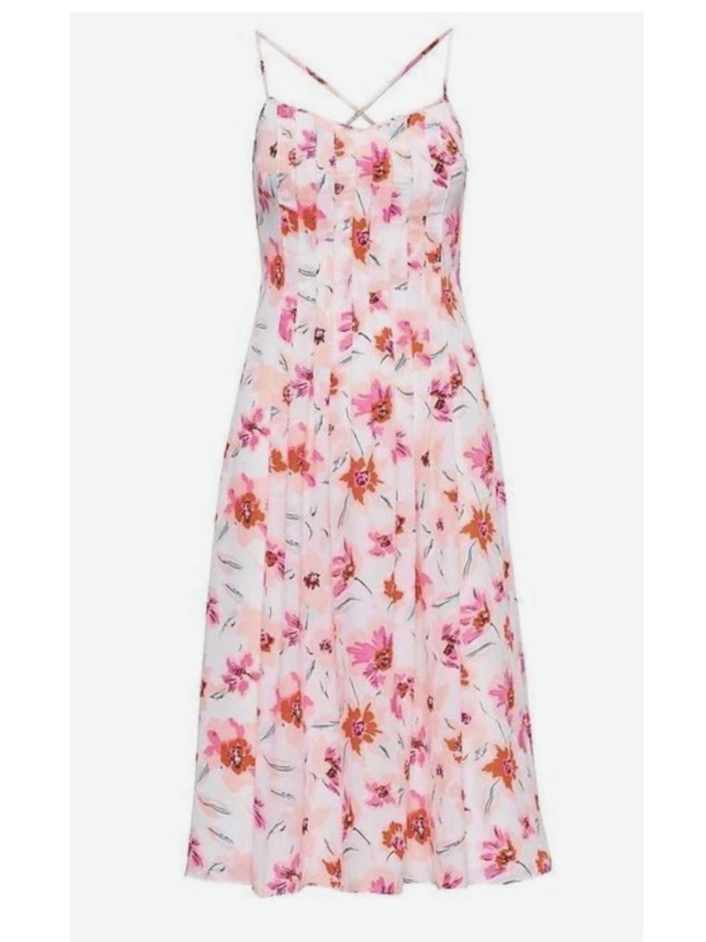 Banana Republic Pintuck White Pink Floral Spaghetti Straps Cross Midi Dress Sz 2